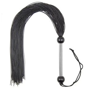 Fouet BDSM noir 37 cm en caoutchouc avec lanières souples pour jeux de domination et contrôle