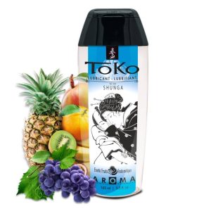 Lubrifiant Toko comestible aux fruits exotiques, texture fluide et goût intense.