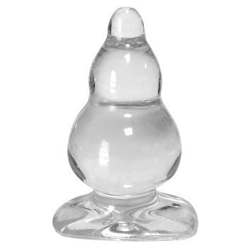 Plug anal en jelly avec trois anneaux progressifs et base souple, confortable et discret.