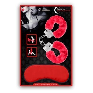Kit de bondage masque-menottes-dés - Rouge