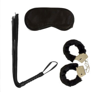Kit de bondage menottes-fouet-masque - Noir