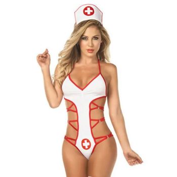Déguisement infirmière sexy avec body blanc échancré, détails rouges et coiffe assortie incluse