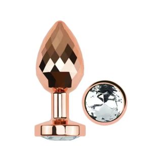 Plug anal aluminium facetté or rosé avec bijou cristal, taille M, glamour et stimulation féminine