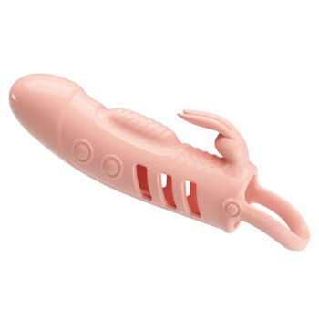 Gaine pénis vibrante rose Sloane, texture en relief, boule vibrante, lapin clitoridien, maintien testiculaire