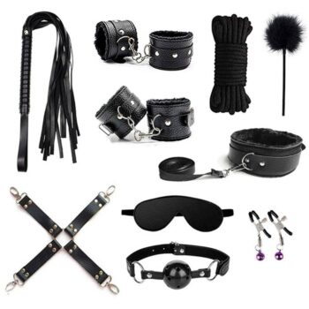 Kit bondage simili cuir 11 pièces avec pinces, corde, menottes, hogtie, ball gag et martinet – Sexity
