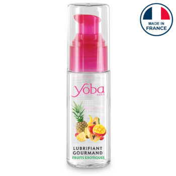 Yoba lubrifiant comestible aux fruits exotiques à base d’eau, compatible sextoys et préservatifs, fabriqué en France