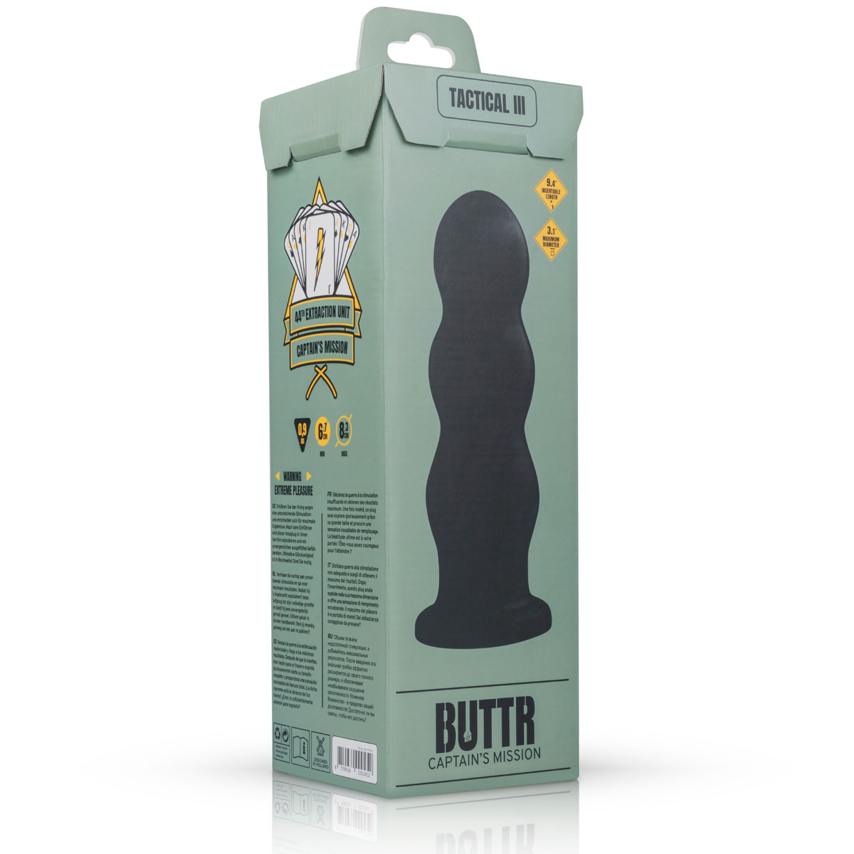 boîte du plug anal géant BUTTR Tactical III – mention plug anal XXL nervuré – Sexity Nantes